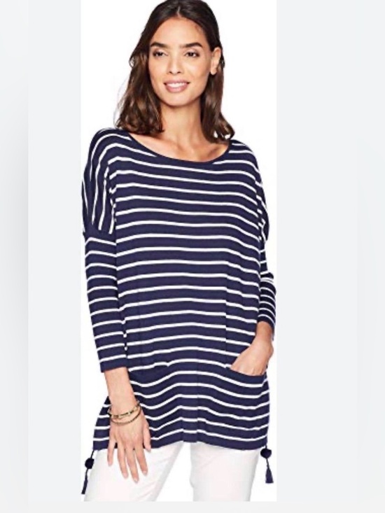 Lilly Pulitzer Sweaters - Lilly Pulitzer Elba Sweater Navy White Coastal Shell Stripe Tassel Oversized XXS